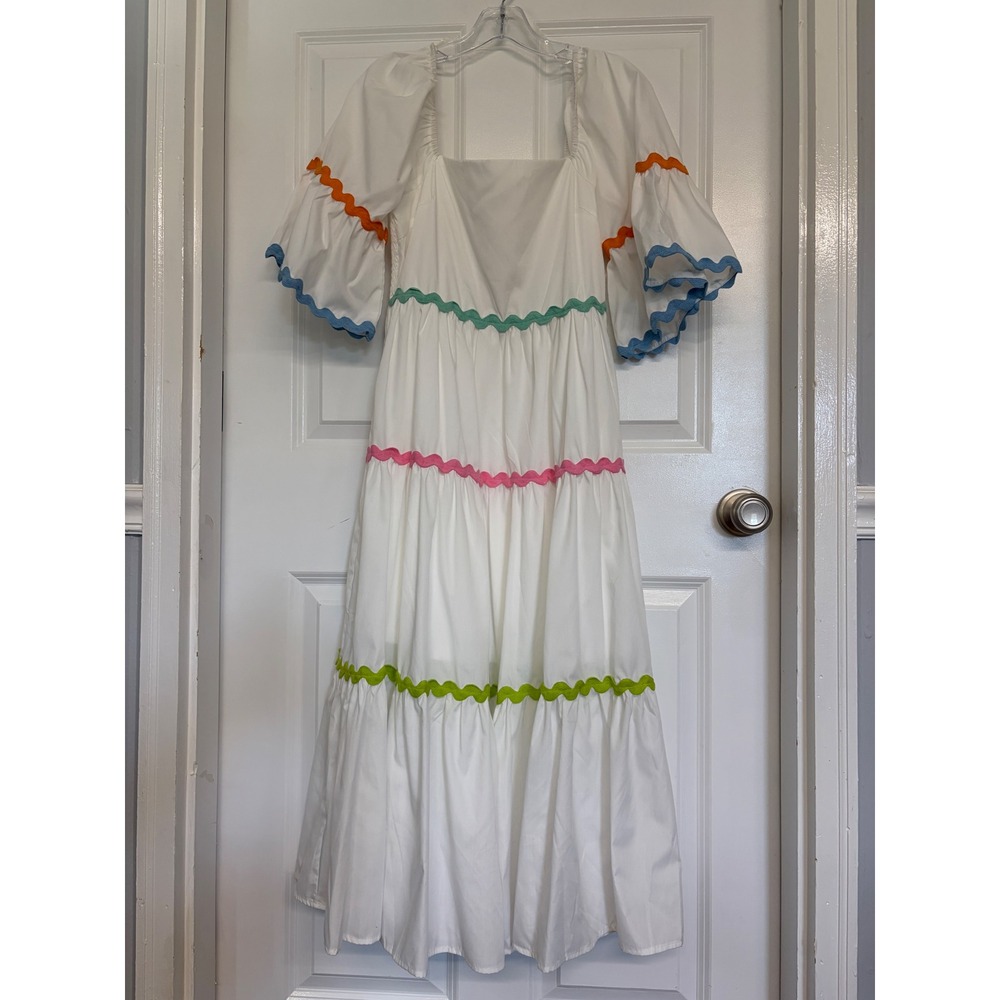 Entro Ric Rac Tiered Midi Dress Womens Medium White Multi Color Boho Square Neck